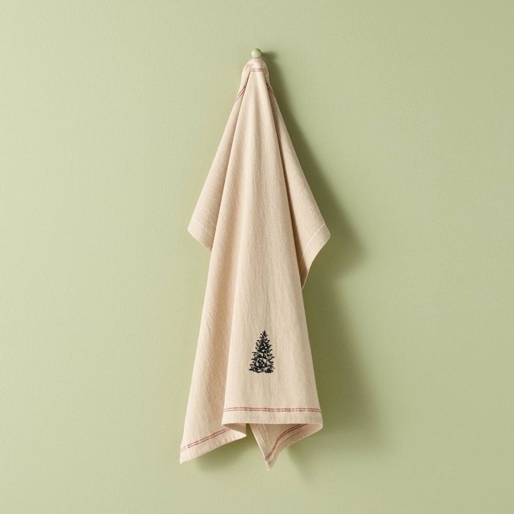Hearth & Hand Embroidered Tree Design with Red stitched edging Kitchen Towel